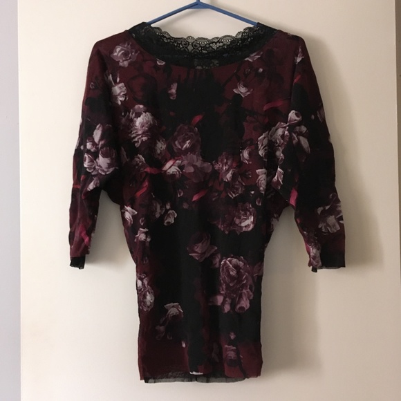 FUZZI by JEAN PAUL GAULTIER Mesh Burgundy + Black Floral Lace Trim Top S - Picture 1 of 3